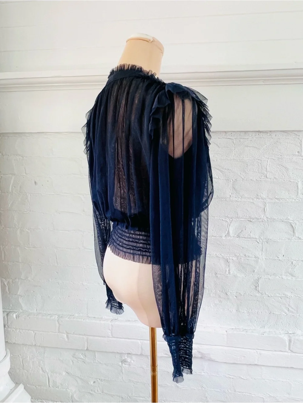 Free People Twila Sheer Net Tulle Cropped Blouse Indigo Lost Blue Boho Size Smal
